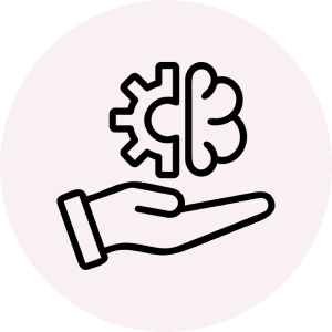 Black icon of a hand hold half a gear and half of a brain with a light red background