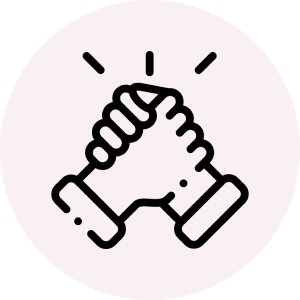 Black icon of two hands clasping with light red circular background